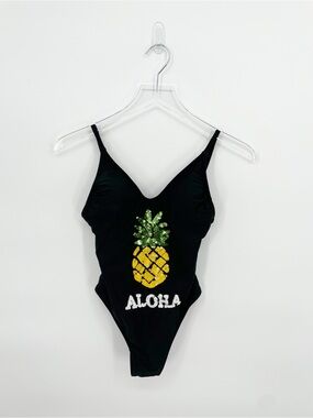 Xhilaration Aloha Pineapple Sequin Black One Piece Swim Bathing Suit